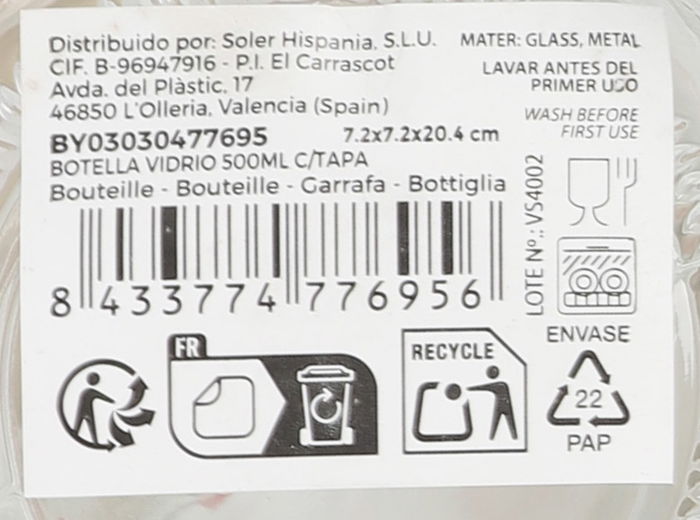 Mediterraneo Botella de Vidrio 500 ml con Tapa Mediterraneo (24 Unidades)