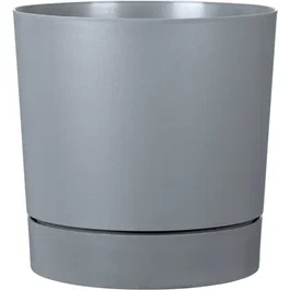 Garden Id - Maceta Redonda Plástica con Depósito - Plano, Ø 39 cm, H 38 cm, Capacidad 32 L, Color Gris Puro