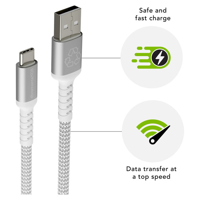 dbramante 1928 RE-CHARGE CB25ACGR7118 Cable USB A a USB C Redondo 2.5M Blanco USB 2.0