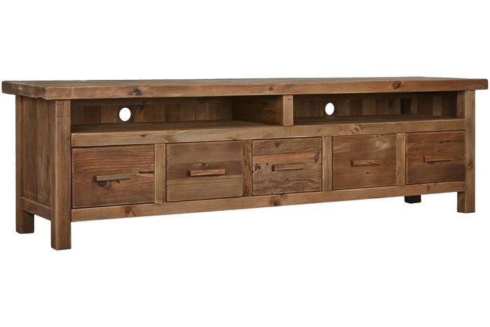 DKD Home Decor Alp dand Mueble Tv Estilo Alpino Natural Madera Reciclada Pino 5 Cajones 1 Estanteria 210 x 60 x 48 cm
