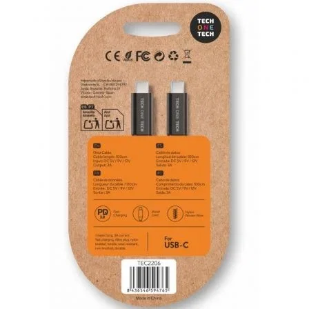 Tech One Tech Cable USB-C a USB-C 20-60W 3A Power Delivery, Nylon Trenzado, 1m, Negro, para Móviles, Tablets, Carga Rápida y Datos