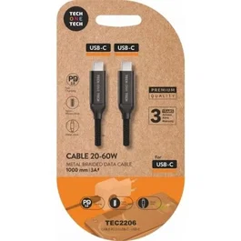 Tech One Tech Cable USB-C a USB-C 20-60W 3A Power Delivery, Nylon Trenzado, 1m, Negro, para Móviles, Tablets, Carga Rápida y Datos