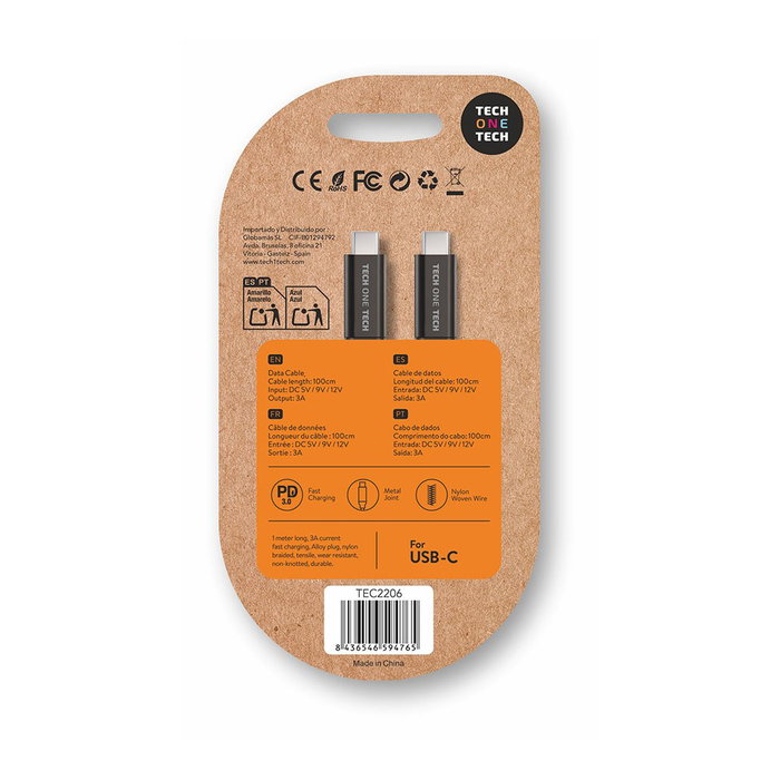 Tech One Tech Cable USB-C a USB-C 20-60W 3A Power Delivery, Nylon Trenzado, 1m, Negro, para Móviles, Tablets, Carga Rápida y Datos Tech One Tech Cable USB-C a USB-C 20-60W 3A Power Delivery, Nylon Trenzado, 1m, Negro, para Móviles, Tablets, Carga Rápida y Datos