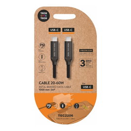 Tech One Tech Cable USB-C a USB-C 20-60W 3A Power Delivery, Nylon Trenzado, 1m, Negro, para Móviles, Tablets, Carga Rápida y Datos