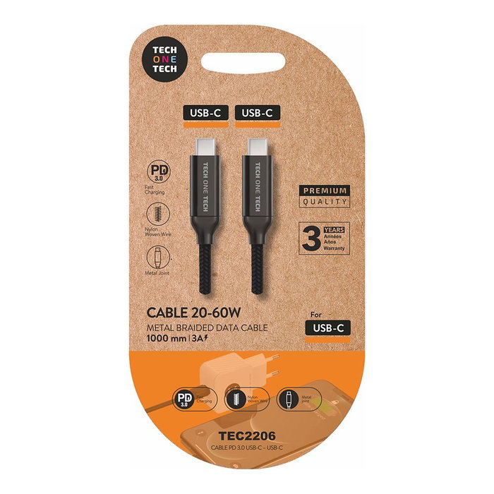 Tech One Tech Cable USB-C a USB-C 20-60W 3A Power Delivery, Nylon Trenzado, 1m, Negro, para Móviles, Tablets, Carga Rápida y Datos Tech One Tech Cable USB-C a USB-C 20-60W 3A Power Delivery, Nylon Trenzado, 1m, Negro, para Móviles, Tablets, Carga Rápida y Datos