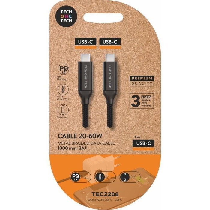 TECH ONE TECH Cable USB-C a USB-C TEC2206 Negro 1m 60W TECH ONE TECH Cable USB-C a USB-C TEC2206 Negro 1m 60W