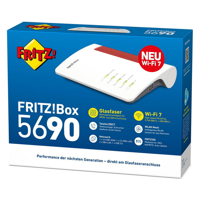 AVM FRITZ!Box 5690 Router Wi-Fi 7 (802.11be) Doble Banda 2.4 GHz/5 GHz, 4 Puertos Gigabit LAN, Rojo y Blanco, Router de Sobremesa