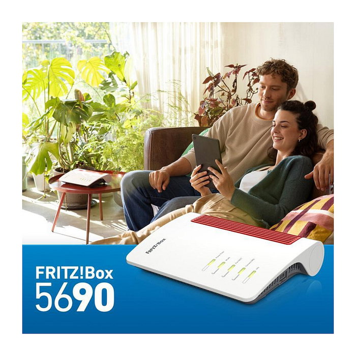 AVM FRITZ!Box 5690 Router Wi-Fi 7 (802.11be) Doble Banda 2.4 GHz/5 GHz, 4 Puertos Gigabit LAN, Rojo y Blanco, Router de Sobremesa