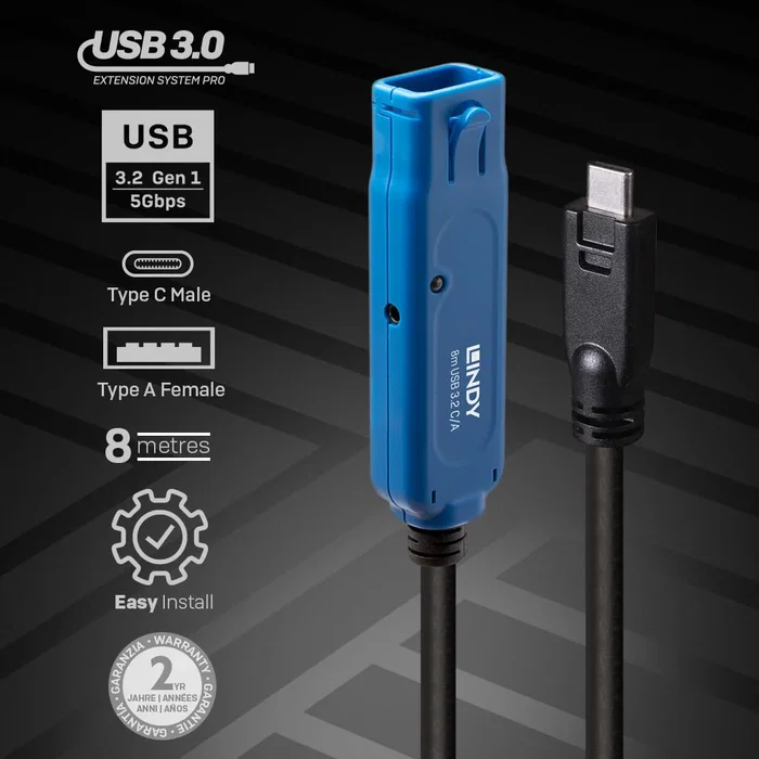 Lindy 43381 Cable Activo USB 3.2 Gen 1 (5 Gbps) USB-C Macho a USB-A Hembra, 8 Metros, Negro/Azul