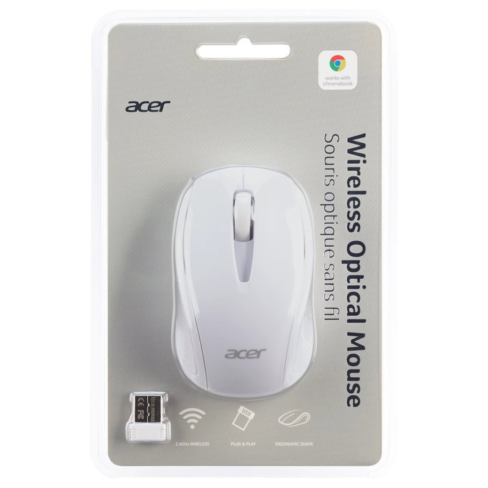Acer AMR800 - Ratón Óptico Inalámbrico, 1600 DPI, Ambidiestro, Blanco, RF 2.4 GHz, para Windows 10/7/8, ChromeOS