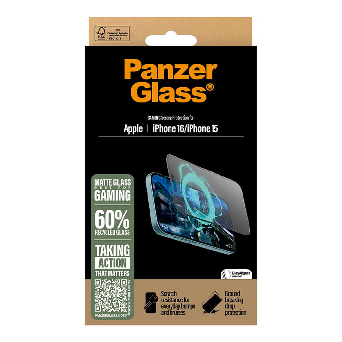 PanzerGlass Protector de Pantalla Gaming para iPhone 16 y 15 | Vidrio Templado Ultra-Wide Fit, Aplicación en Seco y Anti-Rayones | 1 Unidad