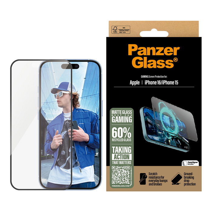 PanzerGlass Protector de Pantalla Gaming para iPhone 16 y 15 | Vidrio Templado Ultra-Wide Fit, Aplicación en Seco y Anti-Rayones | 1 Unidad