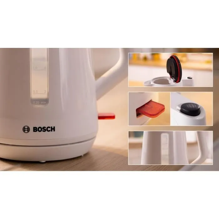 Bosch TWK1M121 Hervidor MyMoment Blanco 1,7L con Base 360°, Recogecables y 3 Dispositivos de Seguridad Automáticos