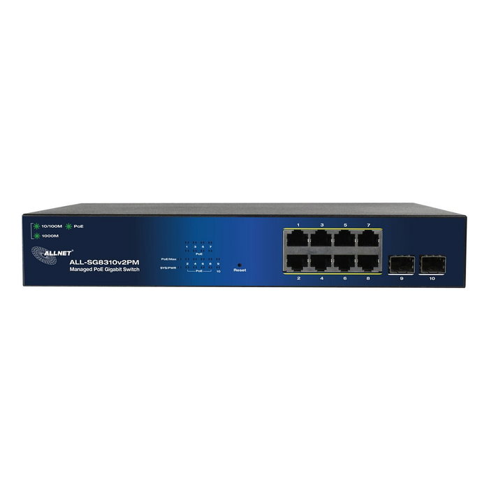 ALLNET ALL-SG8310v2PM Switch Gestionado Gigabit Ethernet PoE+ 8 Puertos 10/100/1000Mbps 2 Puertos SFP 140W 265x183x44mm Negro