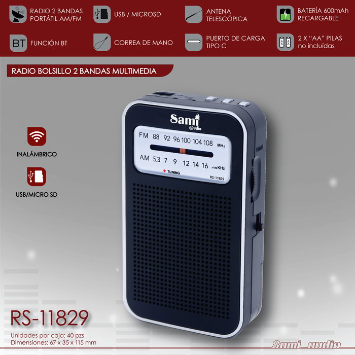 SAMI Radio 2 Bandas Multifuncion Vertical - Bluetooth, USB, MicroSD, Recargable Tipo C