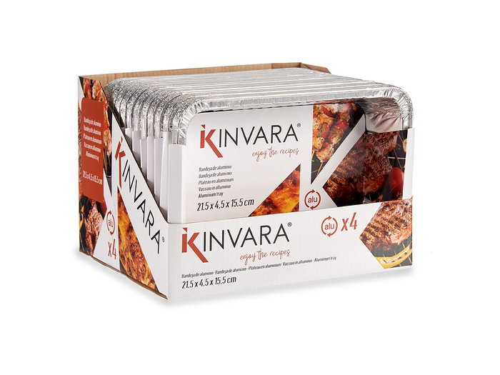 Kinvara - Set de 4 Bandejas de Aluminio Rectangulares para Horno, Plata, 22.5x15.6x6 cm, 900 ml (Set de 24) Kinvara - Set de 4 Bandejas de Aluminio Rectangulares para Horno, Plata, 22.5x15.6x6 cm, 900 ml (Set de 24)