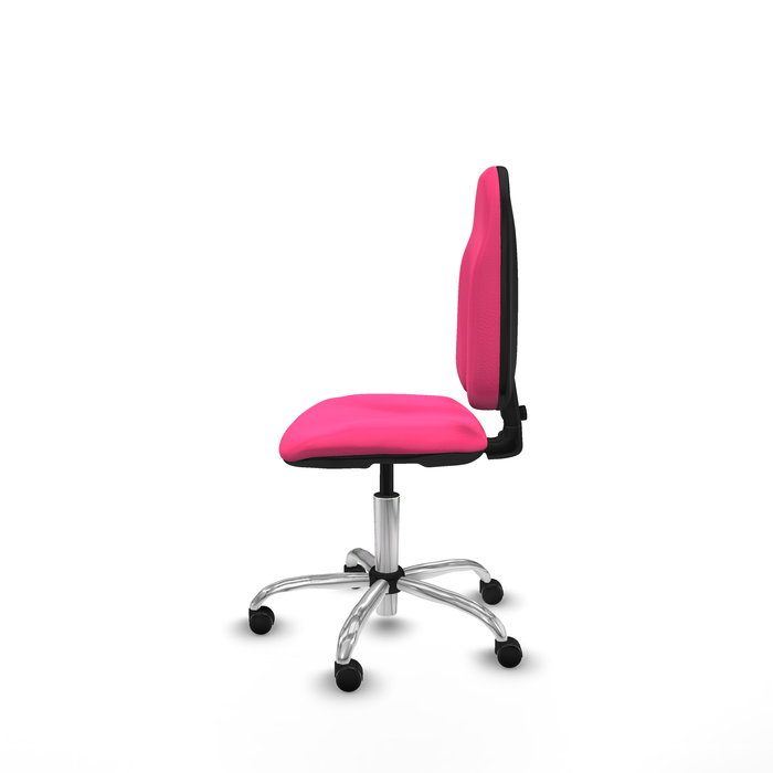 Silla de oficina Algarra con mecanismo Contacto permanente básico tapizada con Similpiel color Rosa. Equipada con Base cromada, Sin brazos y Ruedas autofrenantes