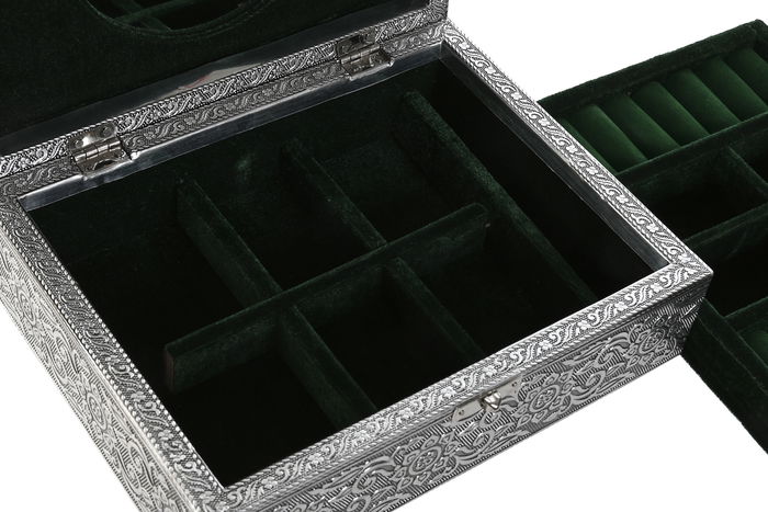 DKD Home Decor Joyero Indio Pavo Real Verde Plateado Madera y Aluminio 17.5 x 7.6 x 22.5 cm