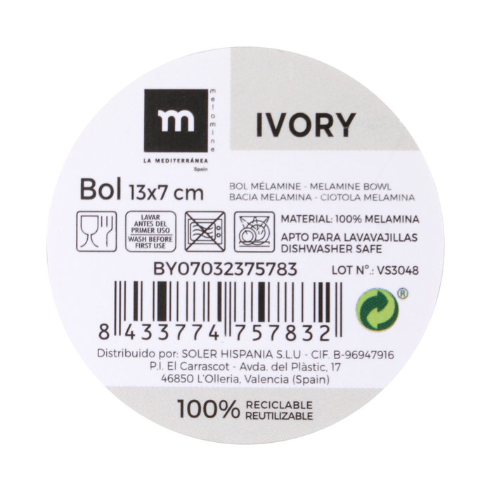 La Mediterranea Bol Melamina Ivory 13 cm x 7 cm (24 Unidades)
