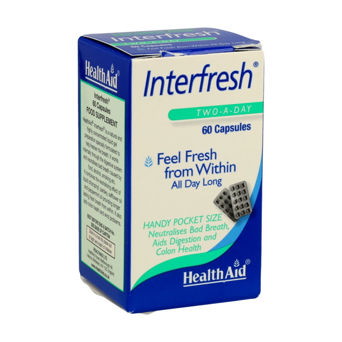 Health Aid Interfresh 60 cápsulas - Refrescante aliento, aliento matinal Health Aid Interfresh 60 cápsulas - Refrescante aliento, aliento matinal