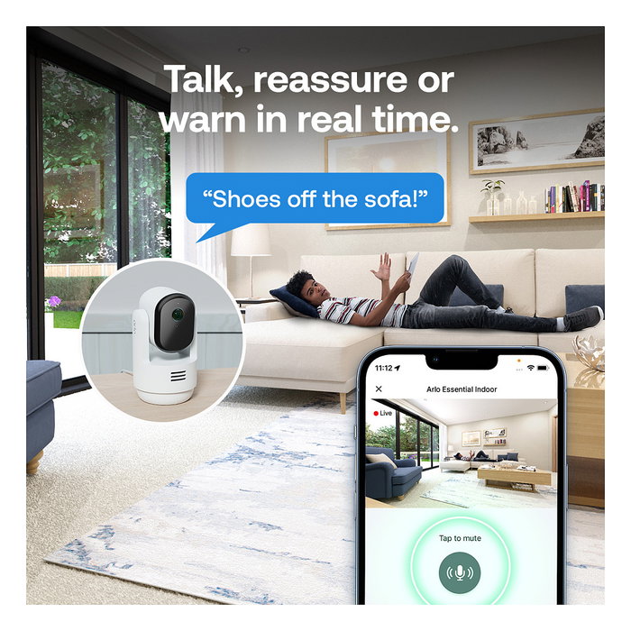 ARLO Cámara de Seguridad Essential 3 2K Pan-Tilt-Zoom Interior PTZ Automático, Blanco, Wi-Fi, 2 Cámaras Incluidas, Montaje Techo/Escritorio