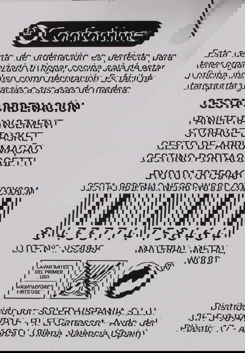Confortime Cesta Organizadora Negra con Madera, para Ordenar y Almacenar, 24.5 x 23 x 8 cm (6 Unidades)
