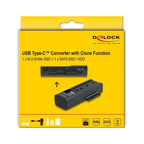 DeLOCK Adaptador USB Tipo C para 1 x SSD M.2 NVMe + 1 x SATA SSD/HDD con Función de Clonación, USB 3.2 Gen 2, Negro DeLOCK Adaptador USB Tipo C para 1 x SSD M.2 NVMe + 1 x SATA SSD/HDD con Función de Clonación, USB 3.2 Gen 2, Negro
