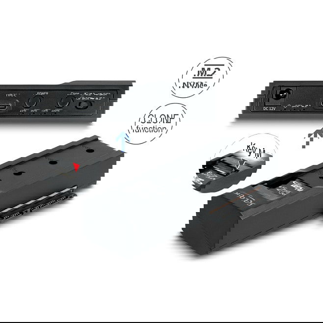 DeLOCK Adaptador USB Tipo C para 1 x SSD M.2 NVMe + 1 x SATA SSD/HDD con Función de Clonación, USB 3.2 Gen 2, Negro DeLOCK Adaptador USB Tipo C para 1 x SSD M.2 NVMe + 1 x SATA SSD/HDD con Función de Clonación, USB 3.2 Gen 2, Negro