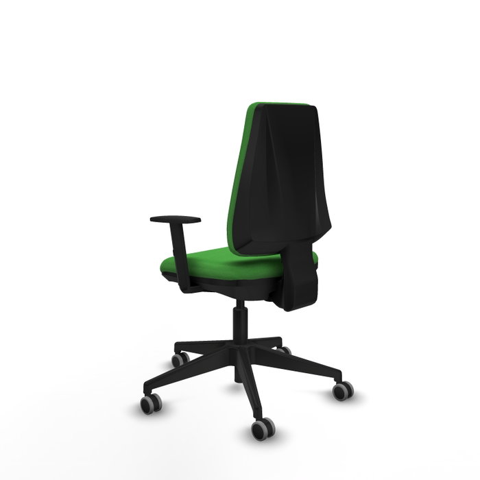 Silla de oficina Elche con mecanismo Contacto permanente básico tapizada con Tela color Verde. Equipada con Base piramidal negra, Brazos 1D y Ruedas 65 mm parqué