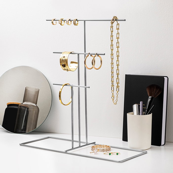 Aberto Design TK-006-A Organizador de Joyero de Metal Color Cromo, Joyero con Compartimentos para Joyas, Pulseras, Anillos y Pendientes, Medidas 40x41x15 cm