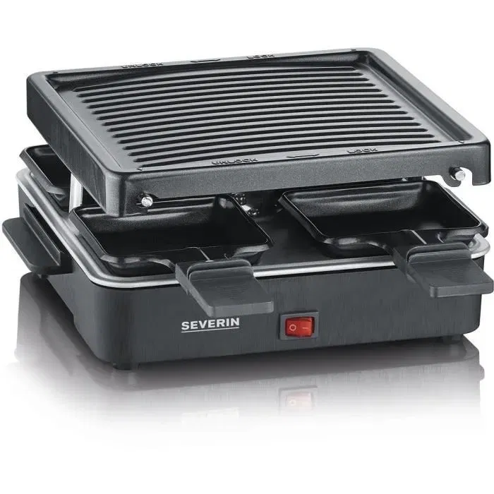 Severin Raclette Grill RG 2370 para 4 personas, compacto, ideal para hogares pequeños, superficie 21x21cm