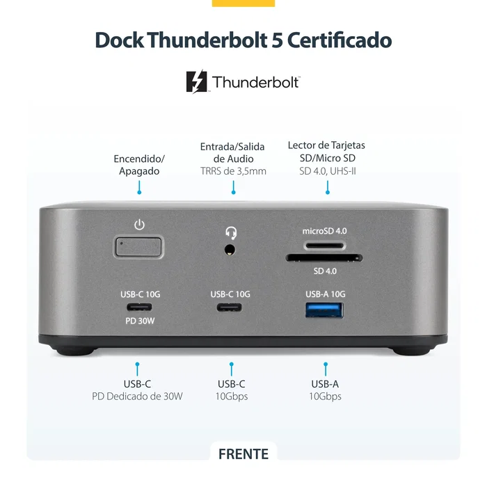 StarTech.com Docking Station Thunderbolt 5 Gris, 3 Pantallas 4K 144Hz, PD 140W StarTech.com Docking Station Thunderbolt 5 Gris, 3 Pantallas 4K 144Hz, PD 140W