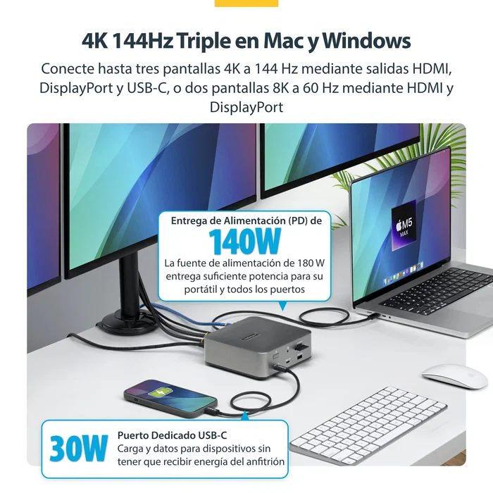 StarTech.com Docking Station Thunderbolt 5 Gris, 3 Pantallas 4K 144Hz, PD 140W StarTech.com Docking Station Thunderbolt 5 Gris, 3 Pantallas 4K 144Hz, PD 140W