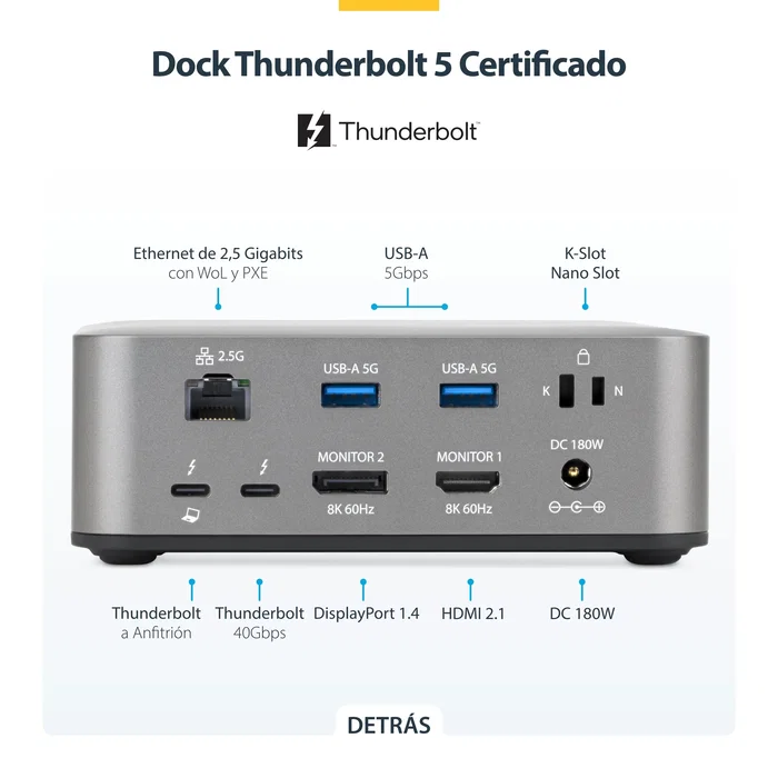 StarTech.com Docking Station Thunderbolt 5 Gris, 3 Pantallas 4K 144Hz, PD 140W StarTech.com Docking Station Thunderbolt 5 Gris, 3 Pantallas 4K 144Hz, PD 140W