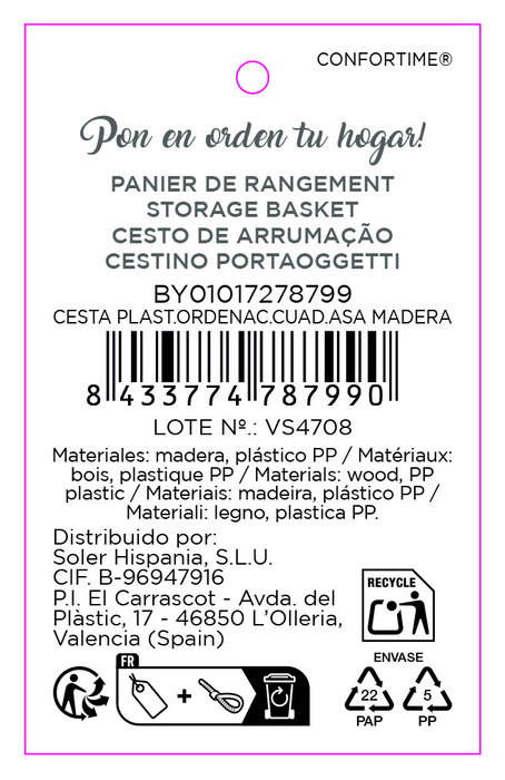Inde Cesta de Plástico Cuadrada con Asa de Madera para Organización (12 Unidades)