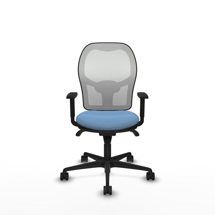 Silla de oficina Jorquera con mecanismo Sincro tapizada con Tela color Azul cielo y malla color Blanco. Equipada con lumbar 1D, Brazos 1D y Ruedas 65mm nailon