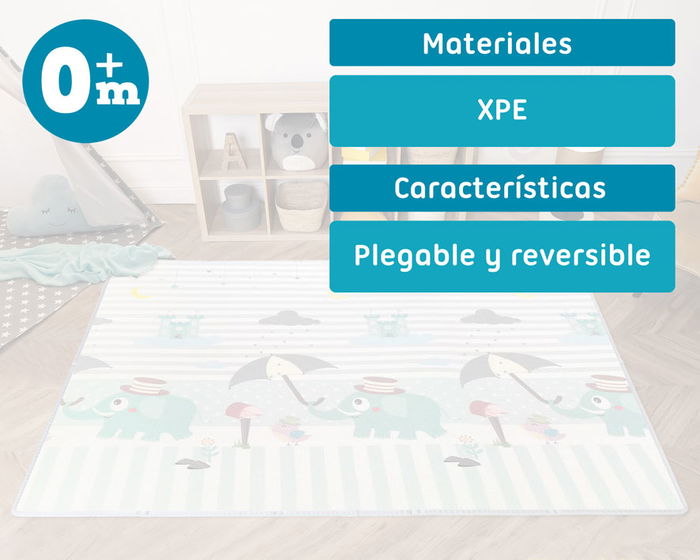 KioKids Tapete de Juego Reversible Extra Grande 150x200 cm, Plegable, Impermeable, Diseño Elefantes y Deportes, Material XPE, Bebés +0 Meses