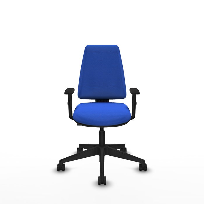 Silla de oficina Elche con mecanismo Contacto permanente básico tapizada con Tela color Azul. Equipada con Base piramidal negra, Brazos 1D y Ruedas 65mm nailon Silla de oficina Elche con mecanismo Contacto permanente básico tapizada con Tela color Azul. Equipada con Base piramidal negra, Brazos 1D y Ruedas 65mm nailon