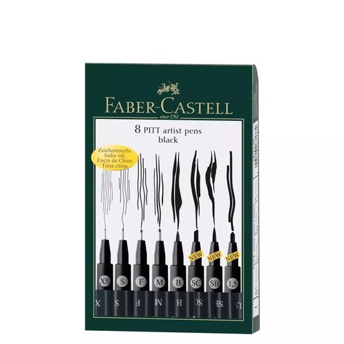 Faber-Castell Pitt Artist Pens Set de 8 Rotuladores Negros con Puntas Surtidas