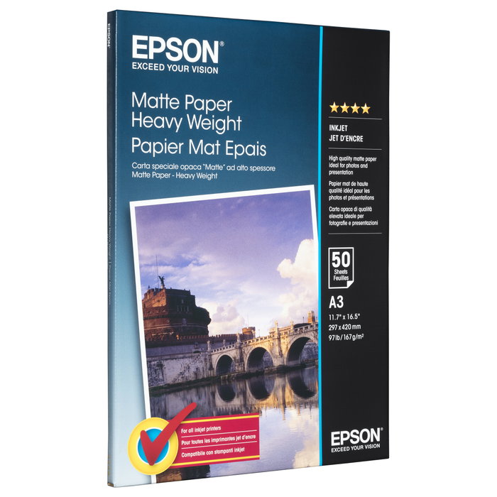 Epson S041264 Papel Mate Heavy Weight A3+, 50 Hojas, 167 g/m², Blanco, Para Impresión por Inyección de Tinta Epson S041264 Papel Mate Heavy Weight A3+, 50 Hojas, 167 g/m², Blanco, Para Impresión por Inyección de Tinta