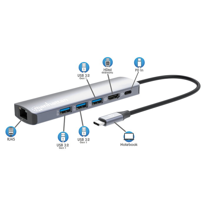 Manhattan Hub USB-C 6-in-1 4K HDMI 3x USB-A 5 Gb/s Power Delivery 100W Plata