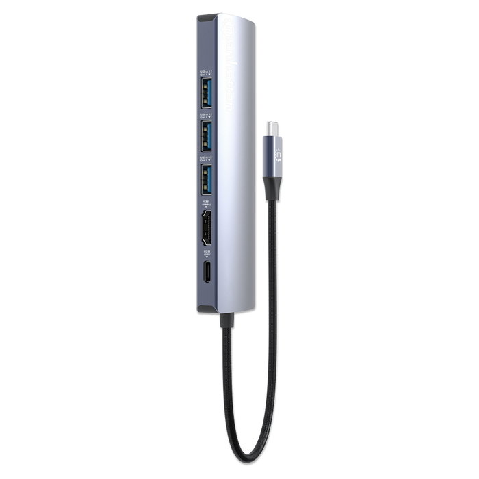 Manhattan Hub USB-C 6-in-1 4K HDMI 3x USB-A 5 Gb/s Power Delivery 100W Plata