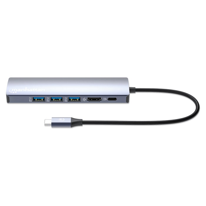 Manhattan Hub USB-C 6-in-1 4K HDMI 3x USB-A 5 Gb/s Power Delivery 100W Plata