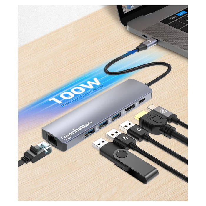 Manhattan Hub USB-C 6-in-1 4K HDMI 3x USB-A 5 Gb/s Power Delivery 100W Plata