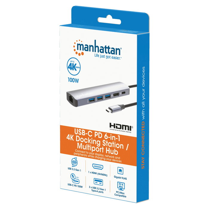 Manhattan Hub USB-C 6-in-1 4K HDMI 3x USB-A 5 Gb/s Power Delivery 100W Plata