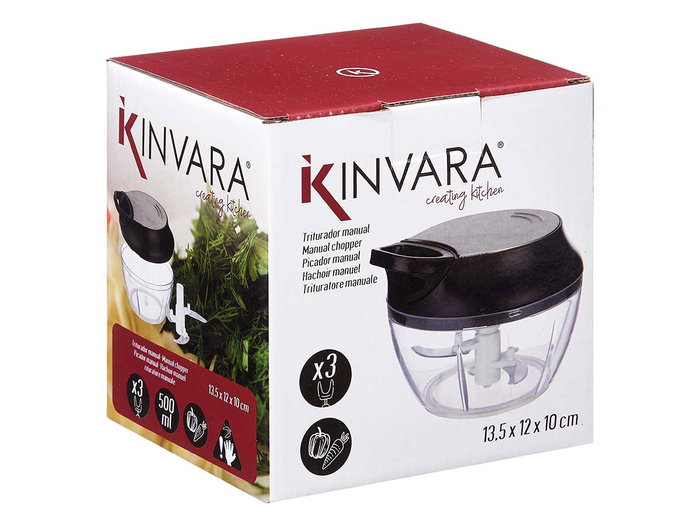 Kinvara Triturador Manual con Tapa de Acero y 3 Cuchillas, Transparente/Negro, 13.5x10x12 cm (Set de 12)