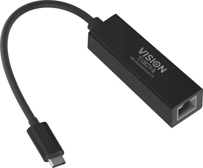 Vision TC-USBCETH/BL Adaptador Ethernet USB-C a Gigabit RJ45, 10/100/1000 Mbps con Auto-Sensado y Auto-MDIX, Color Negro
