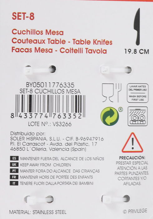 Privilege Set de 8 Cuchillos de Mesa Privilege 8,5 cm x 1 cm x 23 cm (24 Unidades)