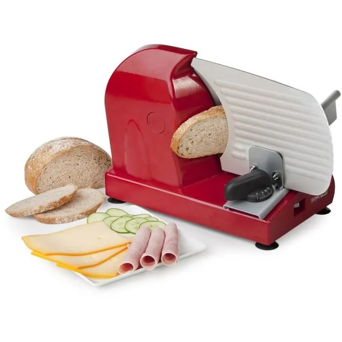 Domo DO522S Rebanadora eléctrica 200W, Hoja de Acero Inoxidable 22 cm, Ajuste Grosor 0-15mm, para Pan Queso Carne, Roja