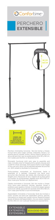 Confortime Perchero de Acero al Carbono, Dimensiones 80 x 43 x 90-160 cm, Ancho 13.3 cm, Alto 5.3 cm, Largo 76.5 cm, Peso 6.84 kg (6 Unidades)